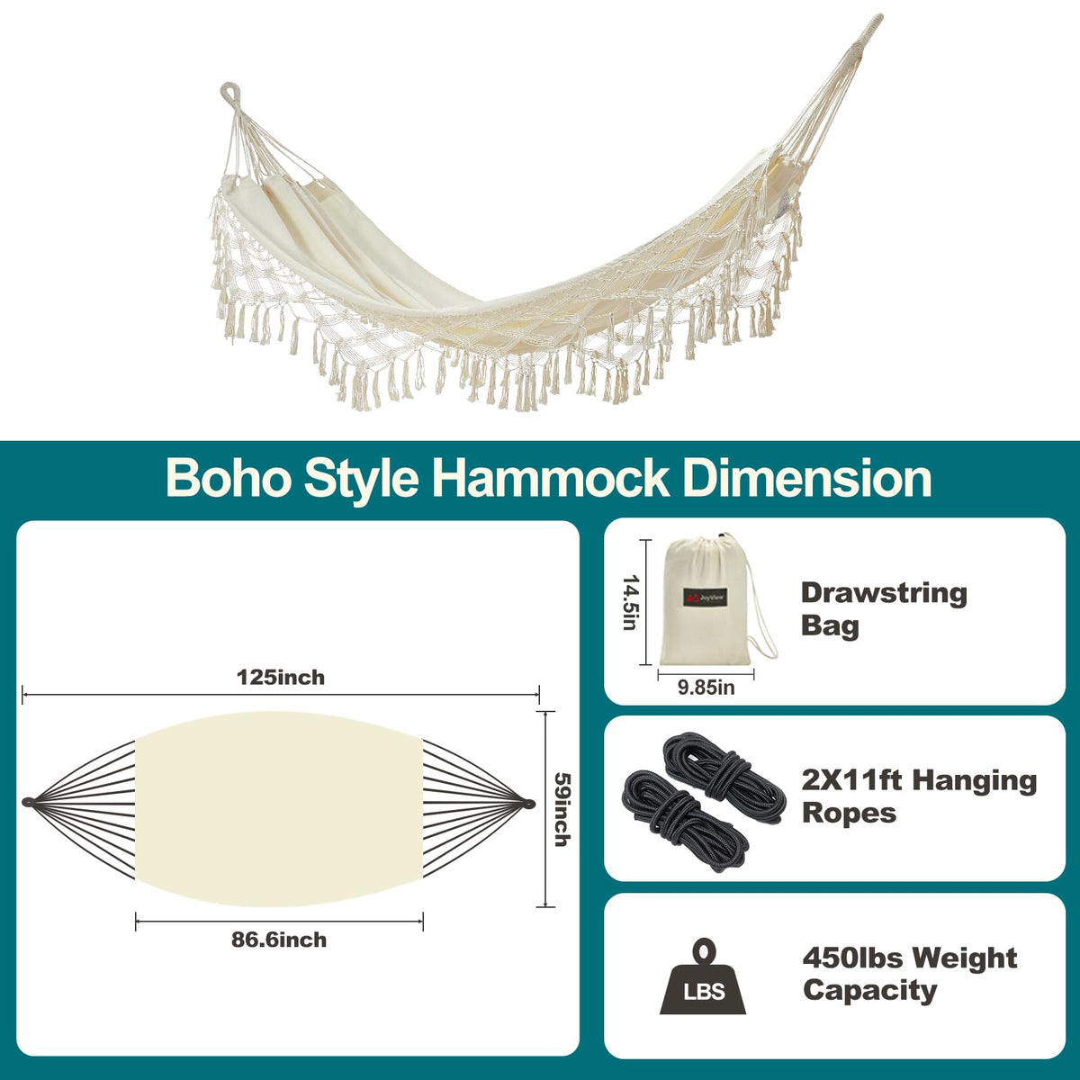 JoyView double hammock bed dimensions show generous space for two adults.