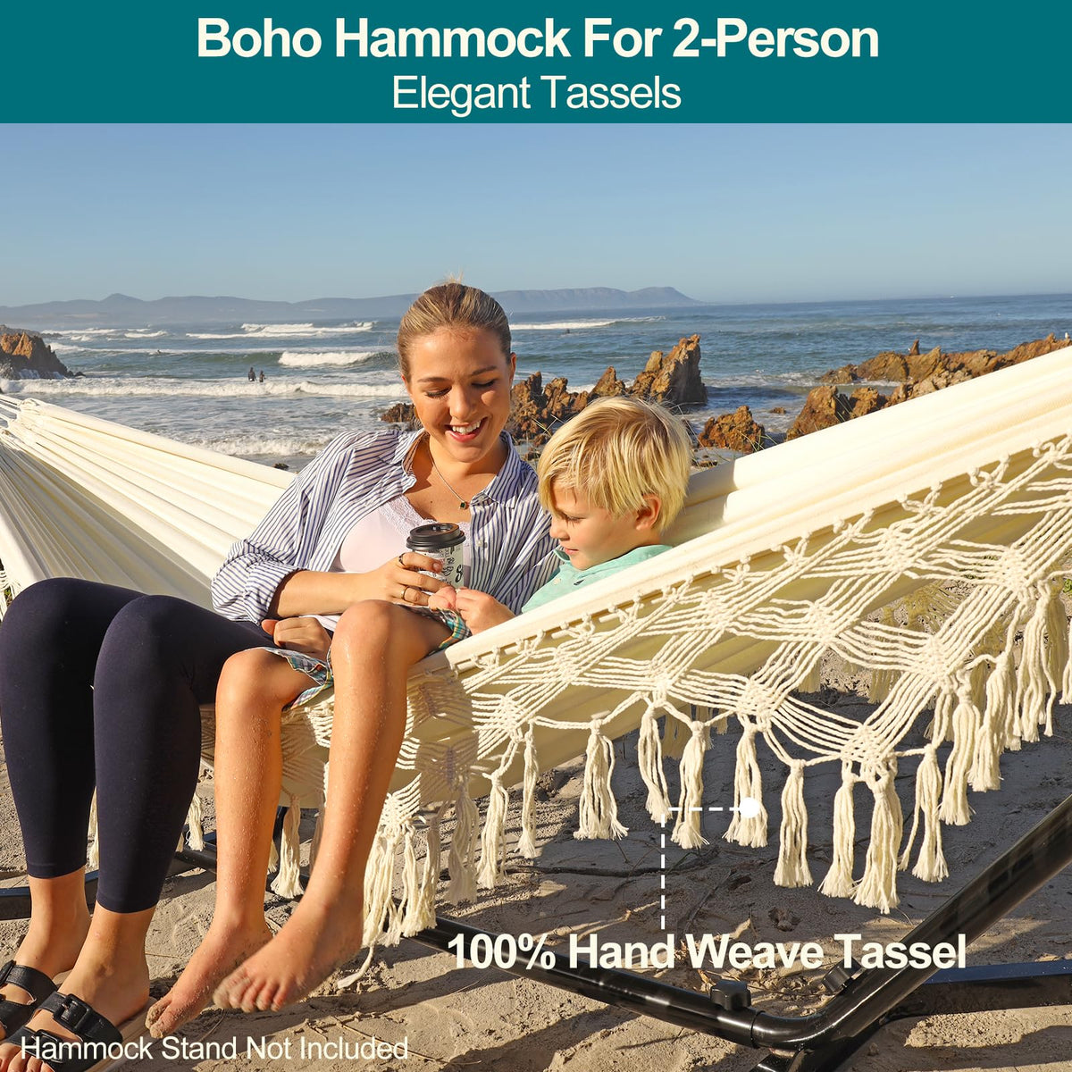 JoyView macrame hammock rope ends highlight hand-woven strength for two-person lounging.