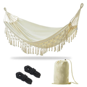 JoyView Boho Macrame Double Hammock with tassels, perfect for breezy outdoor lounging.