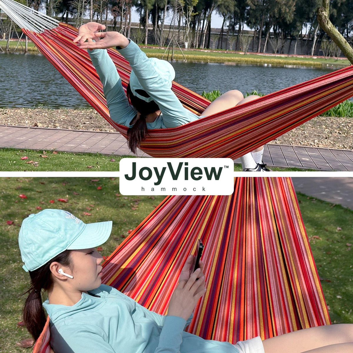 JoyView striped hammock outdoors on patio for everyday lounging
