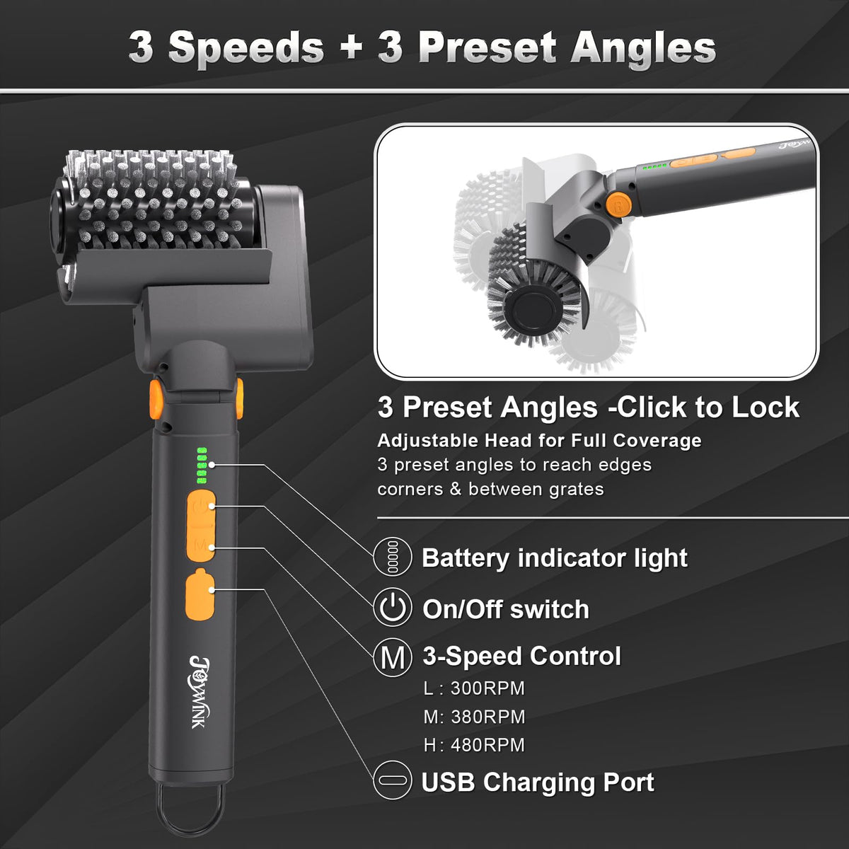 SUS304 flat-wire bristle head from JOYWINK resists shedding for safer scrubbing.