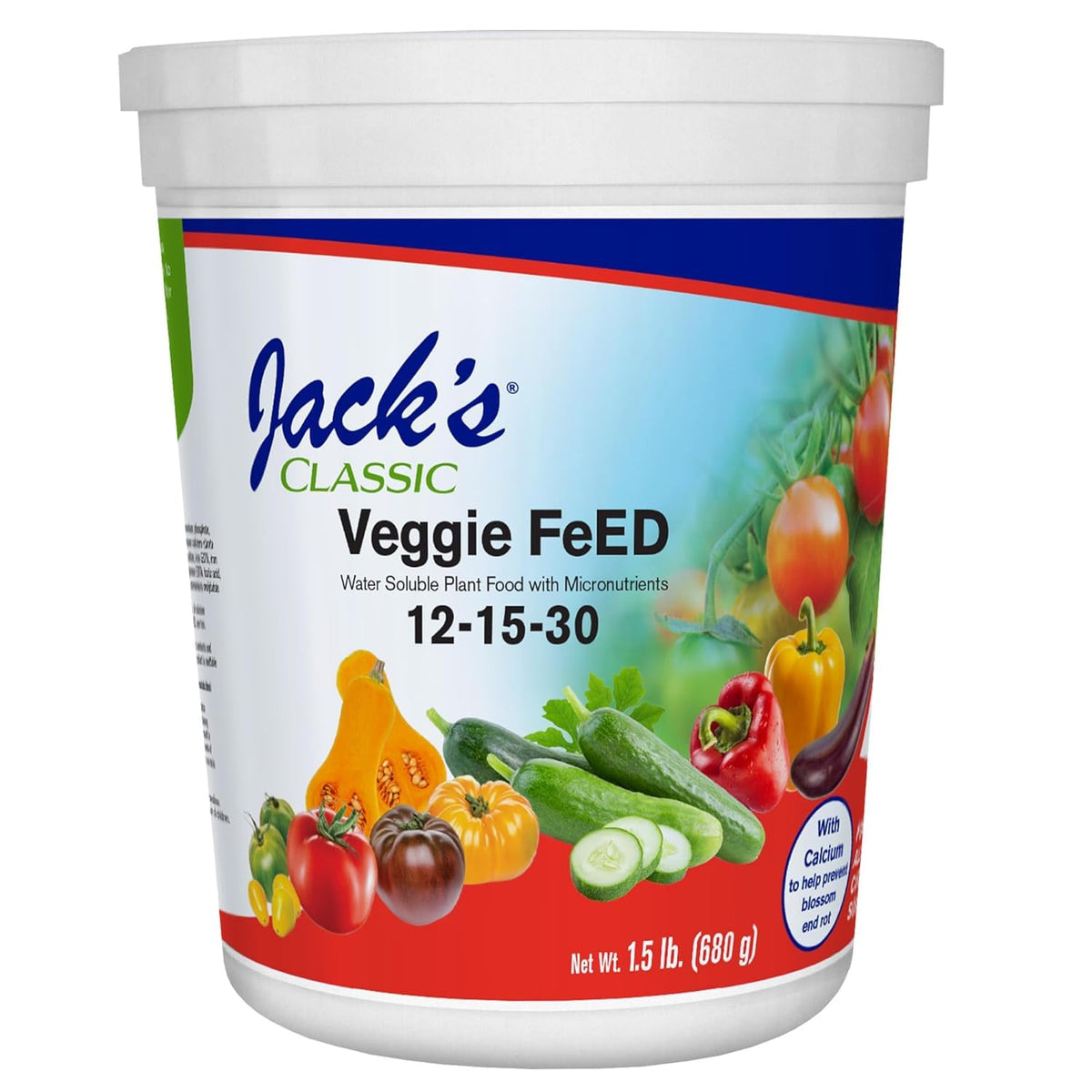 JR Peters Jack's Classic Tomato Feed 12-15-30 bottle pour supports vigorous growth and healthy fruiting.