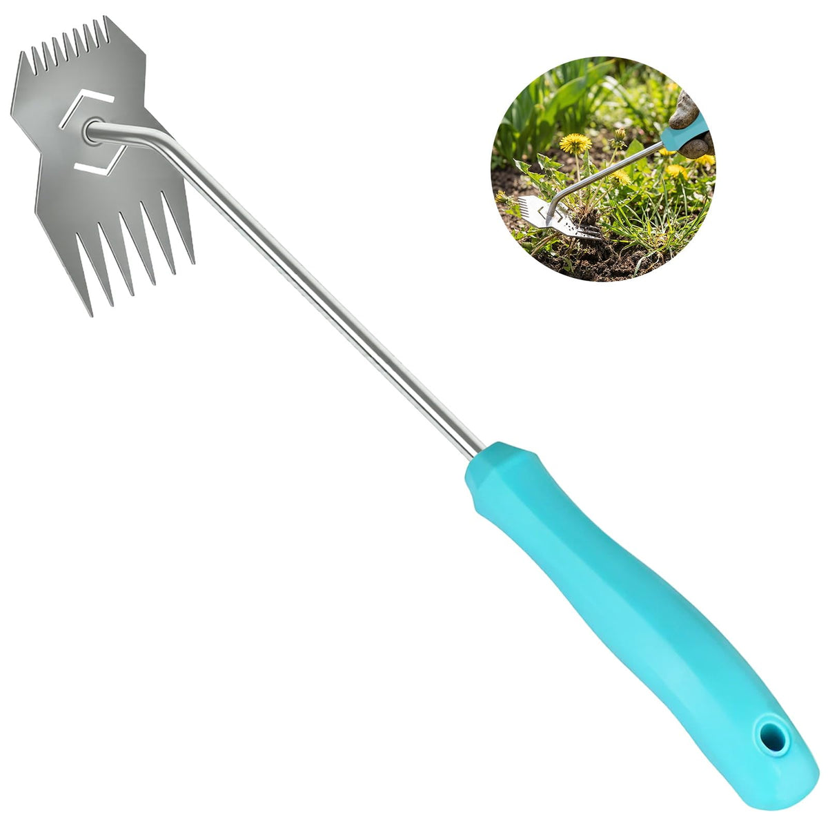 JRKJQBV garden weed tool with ergonomic blue handle for comfortable extended weeding sessions.