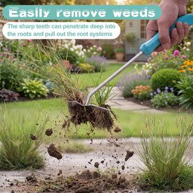 JRKJQBV garden weed tool showing weed prying action in soil for efficient removal.