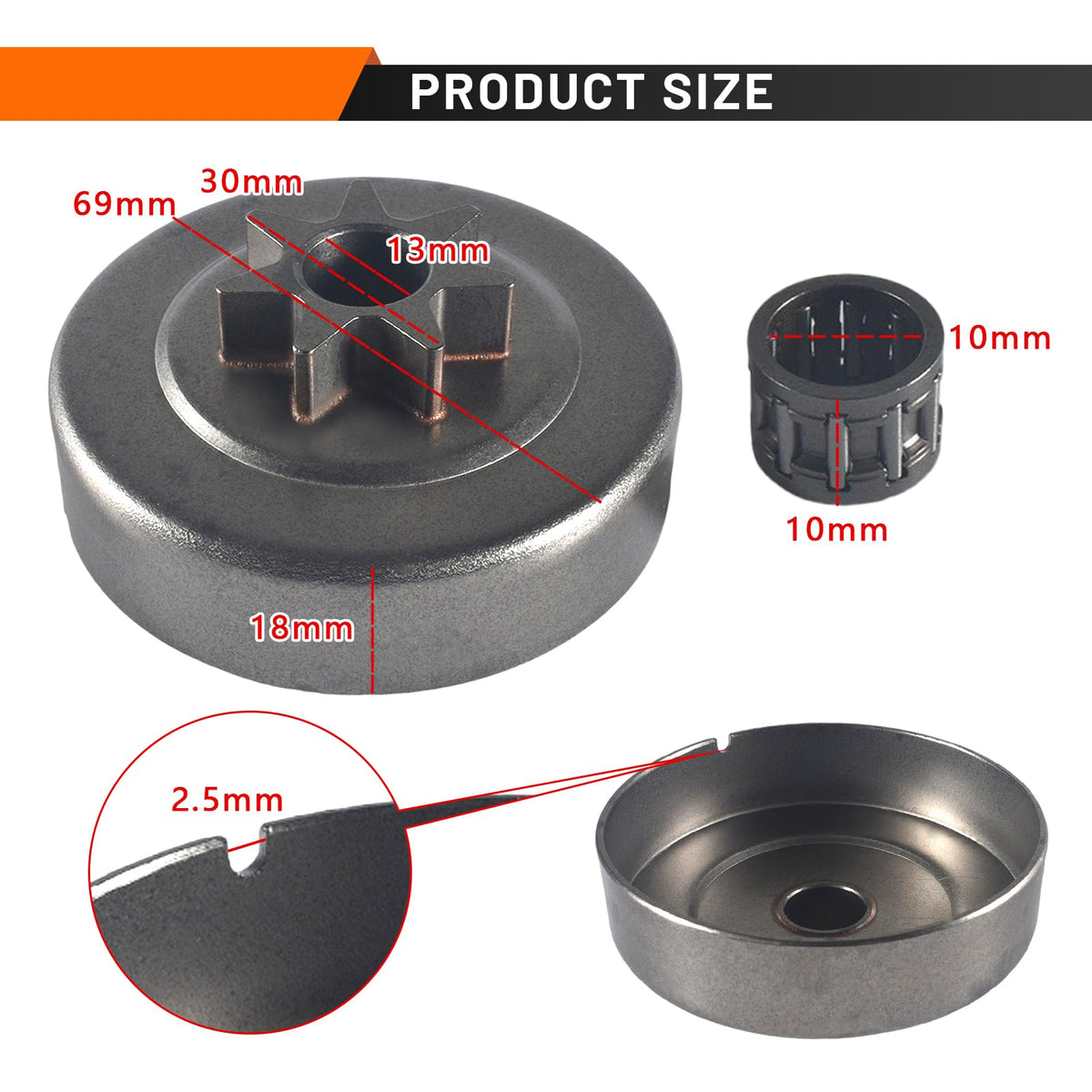 Packaging image showing included clutch drum and bearing for easy swap.