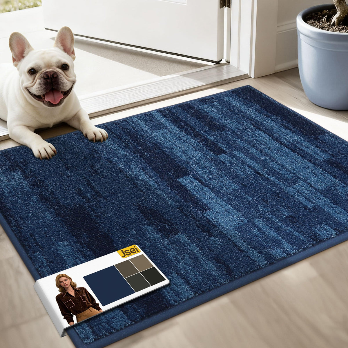 JSEI Dirt Trapper door mat front view with blue color and non-slip backing.