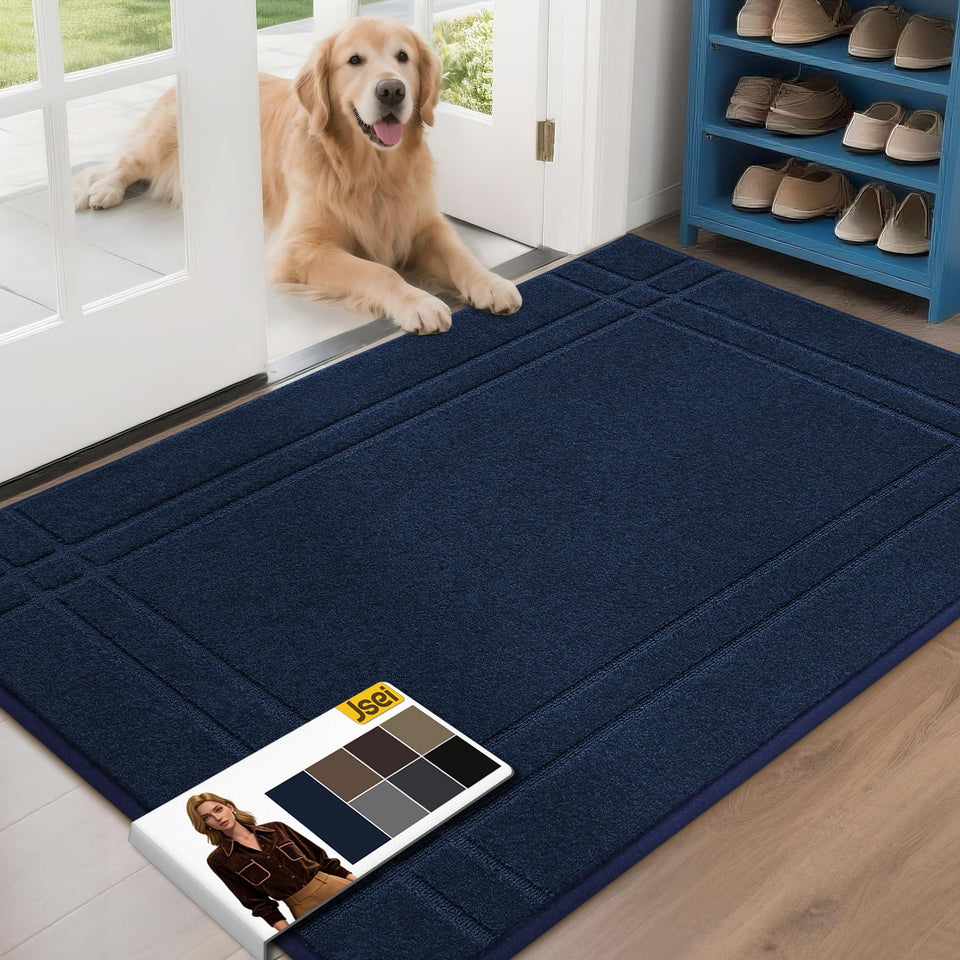 JSEI entryway doormat for front door 32x48 in navy blue traps dirt and absorbs moisture
