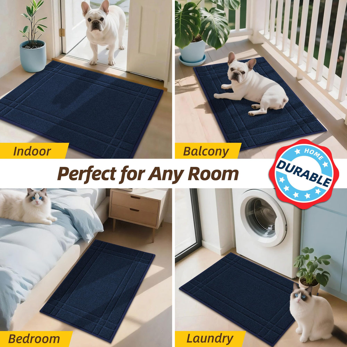 JSEI navy blue mat welcomes guests while trapping dirt at the threshold