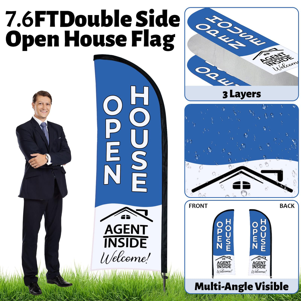 Jsngbse double-sided open-house flag showcases listing details from multiple angles.