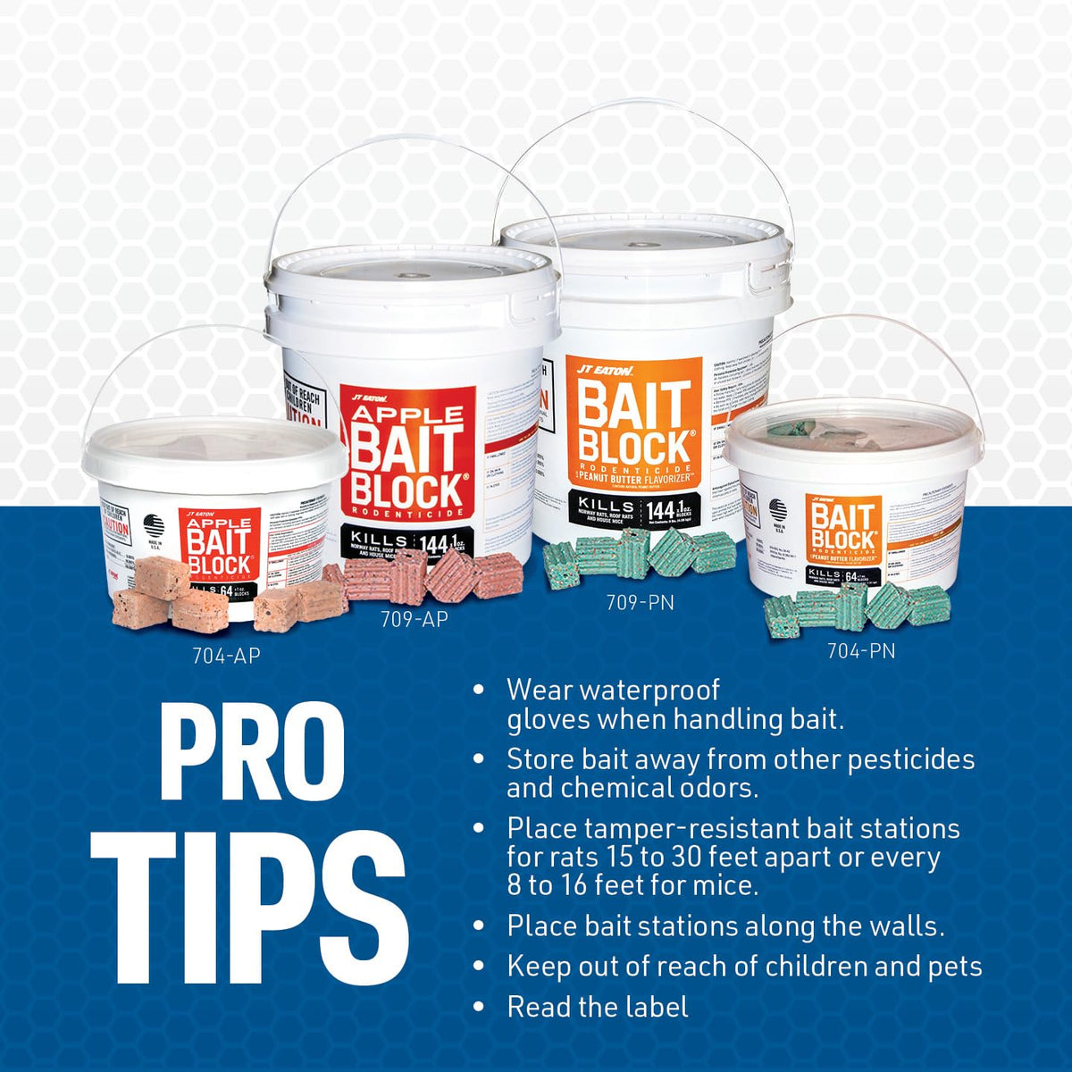 JT Eaton 1-ounce bait blocks in tamper-evident resealable pail for easy storage
