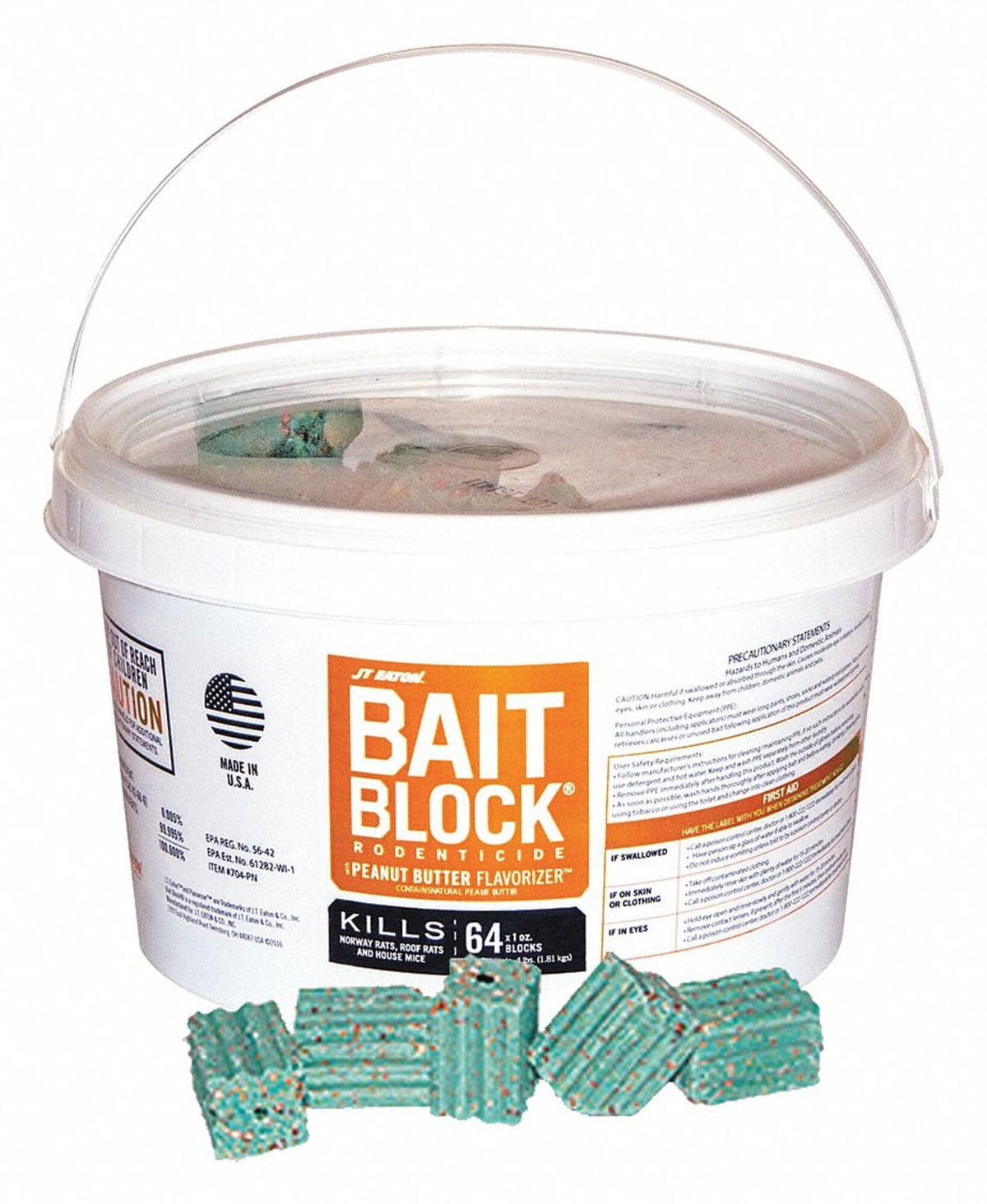 JT Eaton 704-PN bait block in a sturdy pail for long-lasting rodent control.