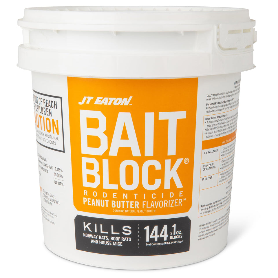 JT Eaton bait block peanut butter flavor in a 9 lb pail for rodent control