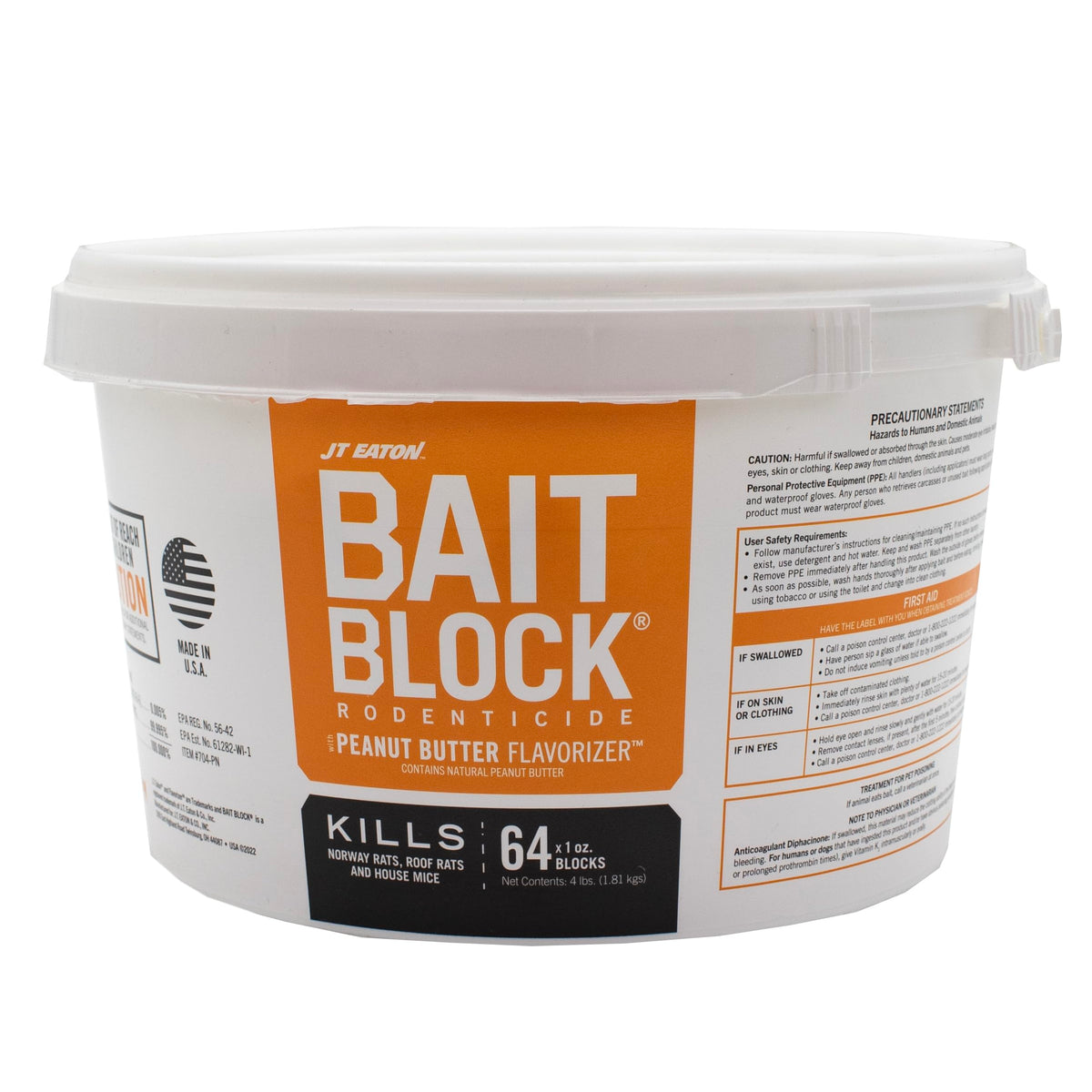 JT Eaton peanut butter bait blocks in a resealable pail for use in rodent control