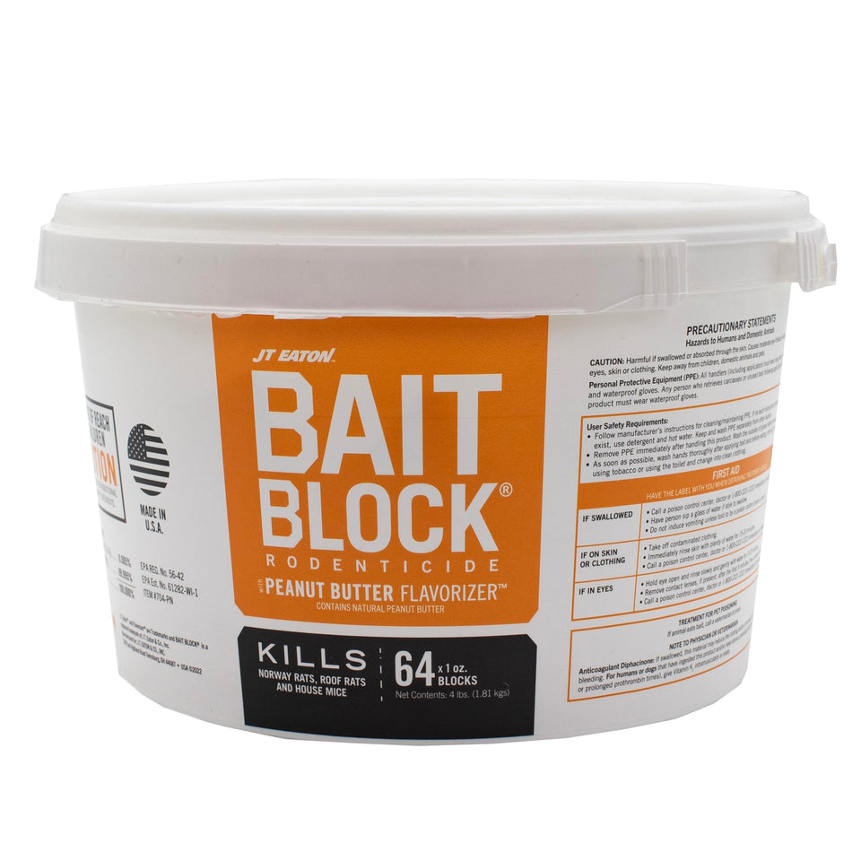 JT Eaton peanut butter bait blocks in a resealable pail for use in rodent control