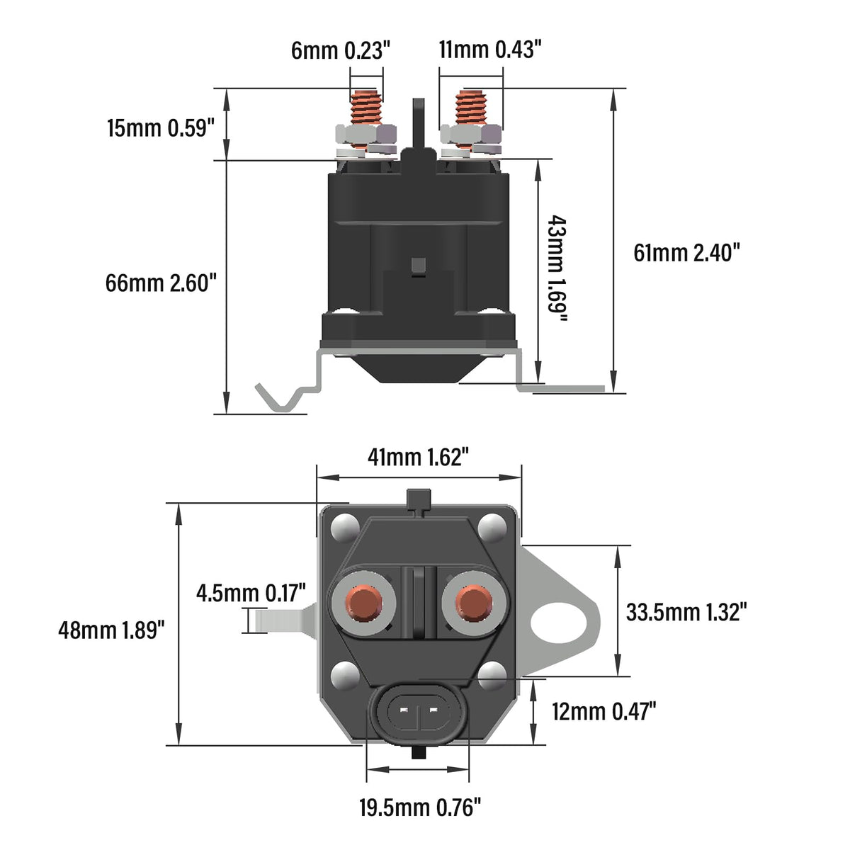 JTAREA 12V starter solenoid with two terminals ready for direct lawn mower replacement.