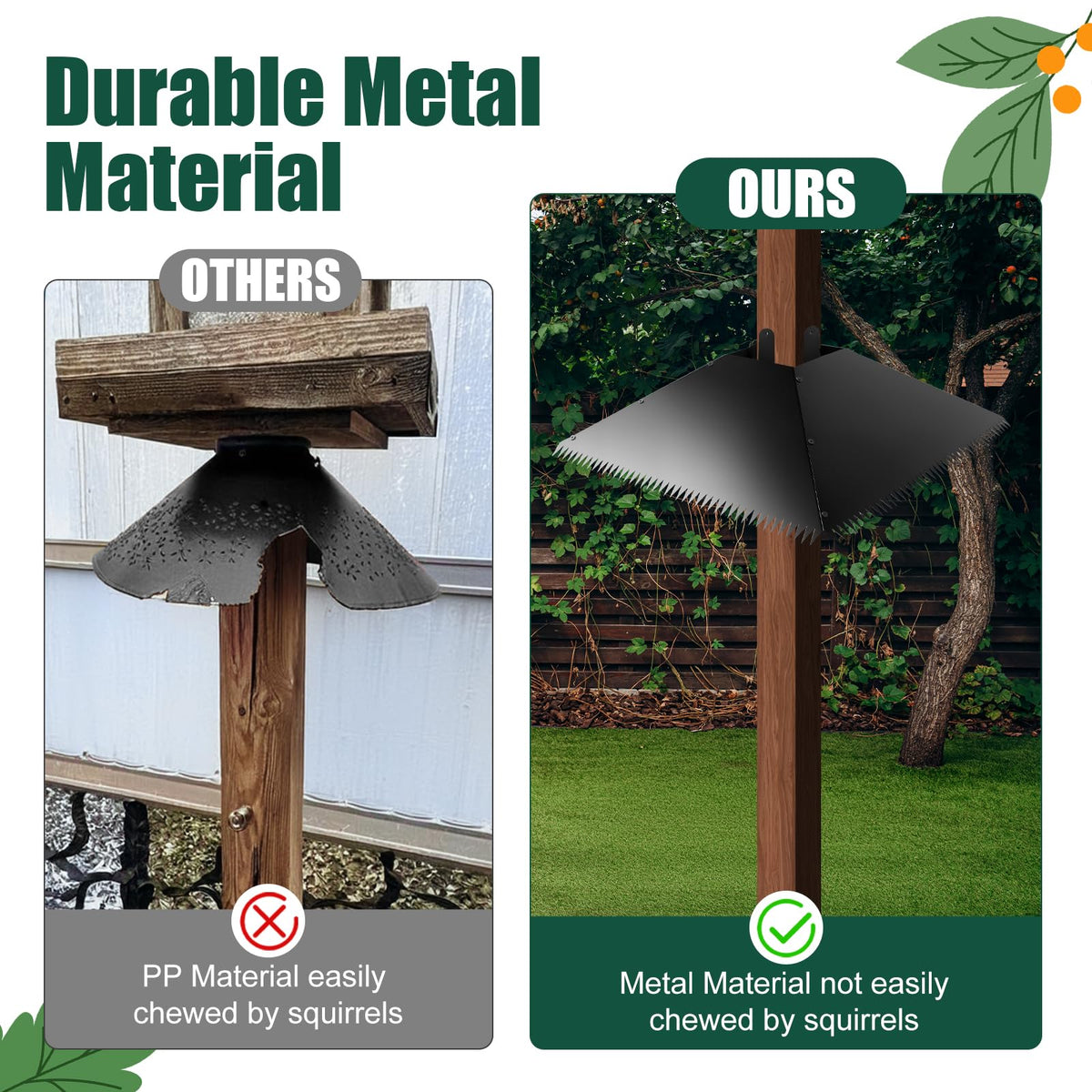 JTNFSH baffle mounted on a wooden pole supports peaceful bird feeding.