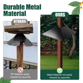 JTNFSH baffle mounted on a wooden pole supports peaceful bird feeding.