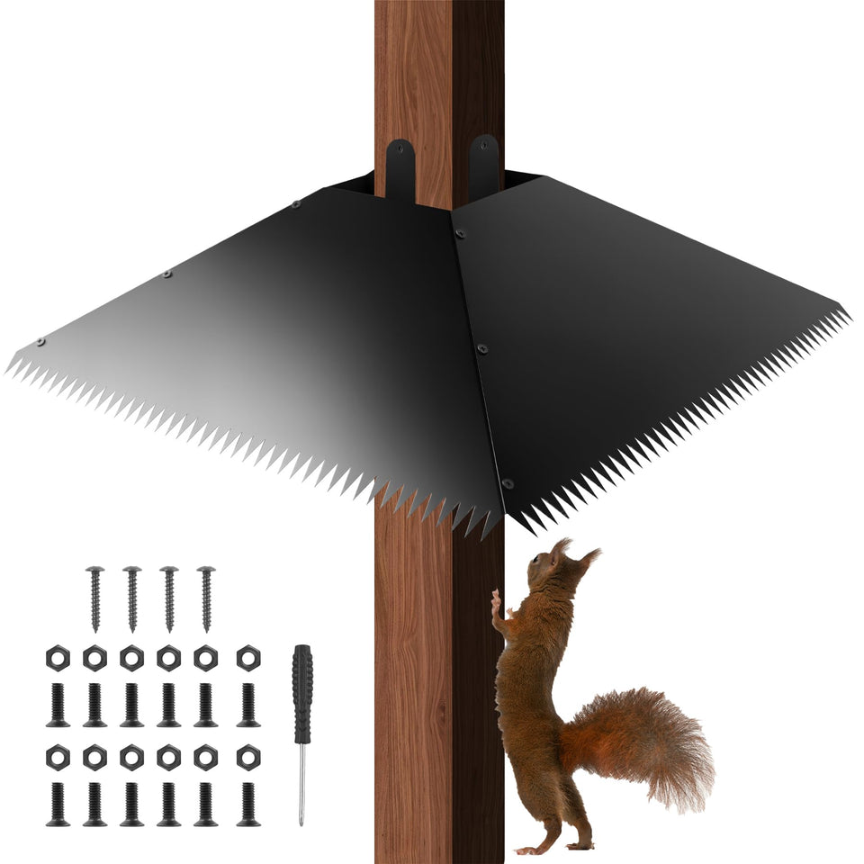 JTNFSH metal squirrel baffle on a 4x4 post blocks feeder access.