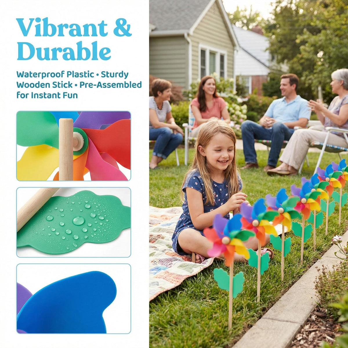 Jucoan pinwheels preassembled stem stands up to windy garden days.