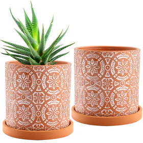 Jucoan terracotta pot with boho flower pattern enhances indoor decor