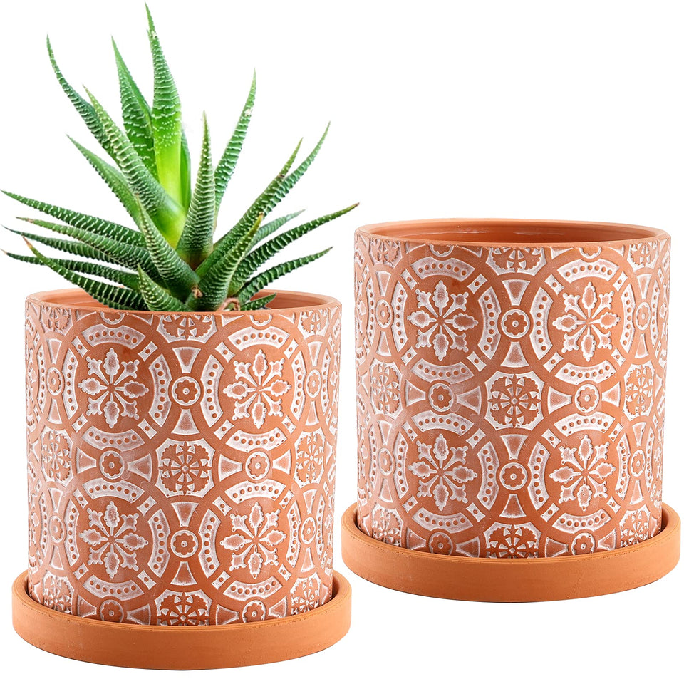 Jucoan terracotta pot with boho flower pattern enhances indoor decor