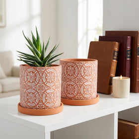 Jucoan terracotta pot embossed flower detail adds charm