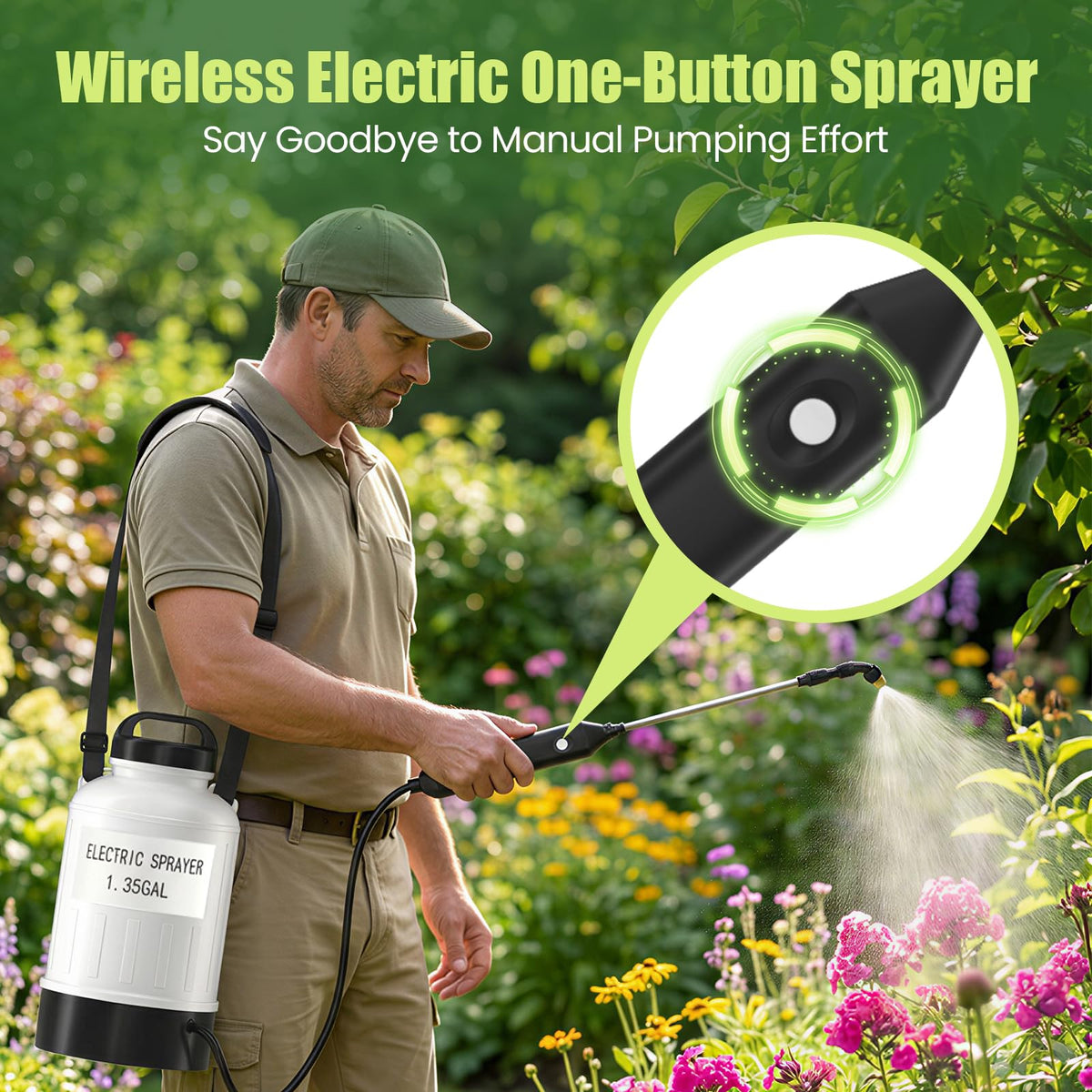Judkoir sprayer with 3 mist nozzles for versatile lawn and bed watering