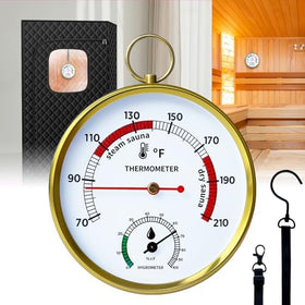 Judkoir sauna thermometer dial close-up shows clear readings in steam.