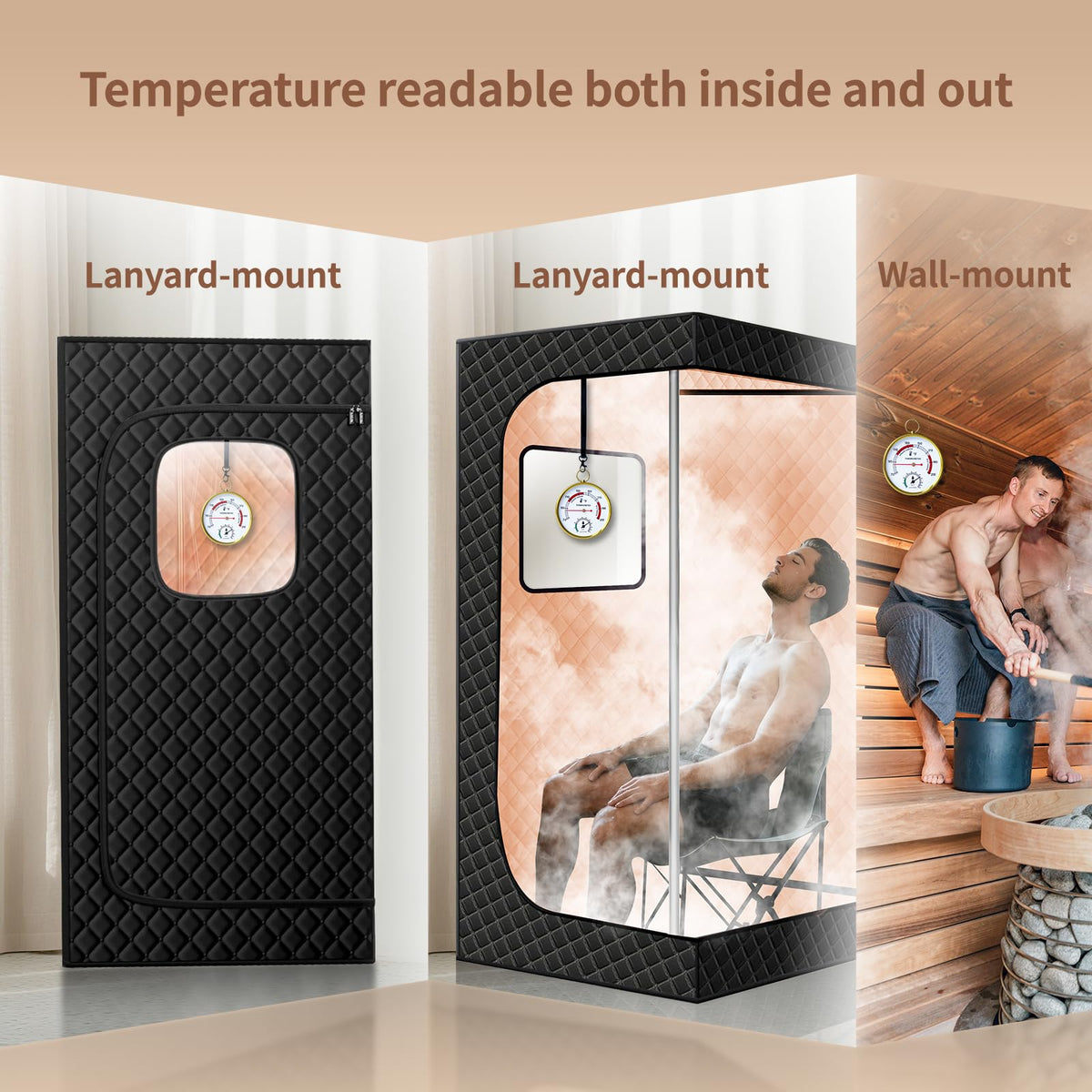 Judkoir sauna thermometer with lanyard-mounted view demonstrates flexible placement.