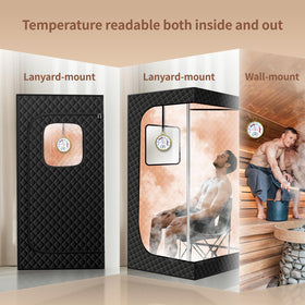 Judkoir sauna thermometer with lanyard-mounted view demonstrates flexible placement.