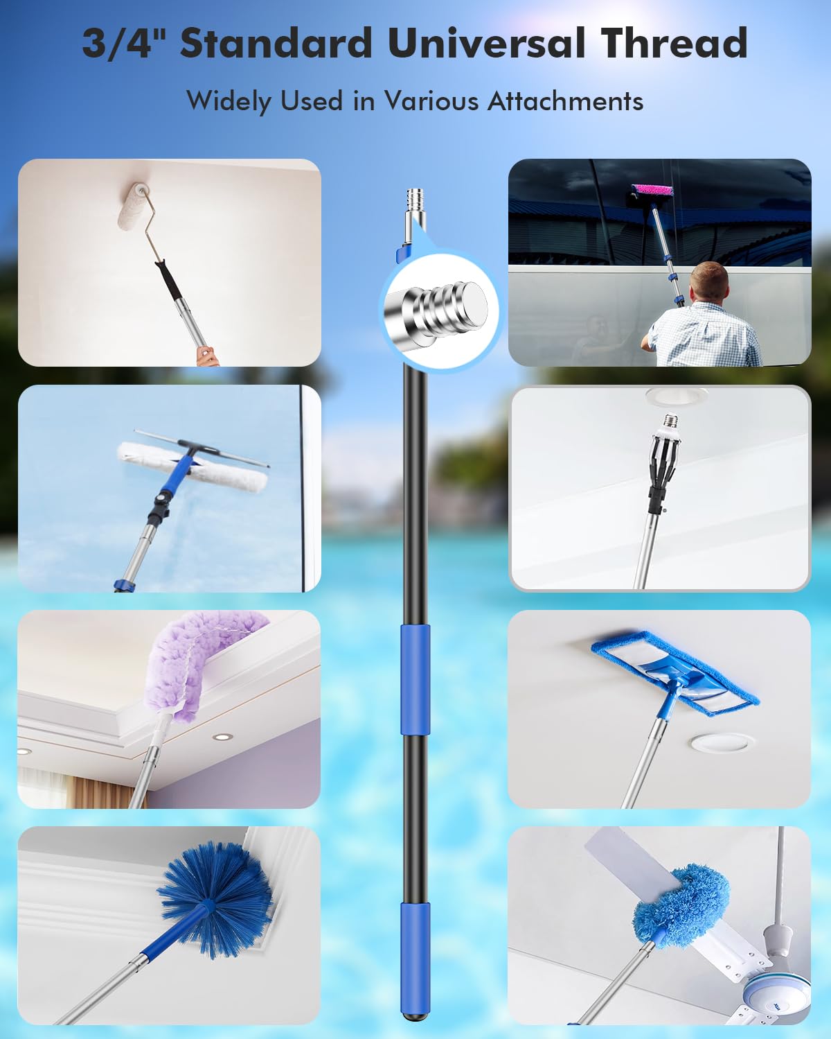 Juecity pool pole shows multiple accessory compatibility for efficient cleaning tasks