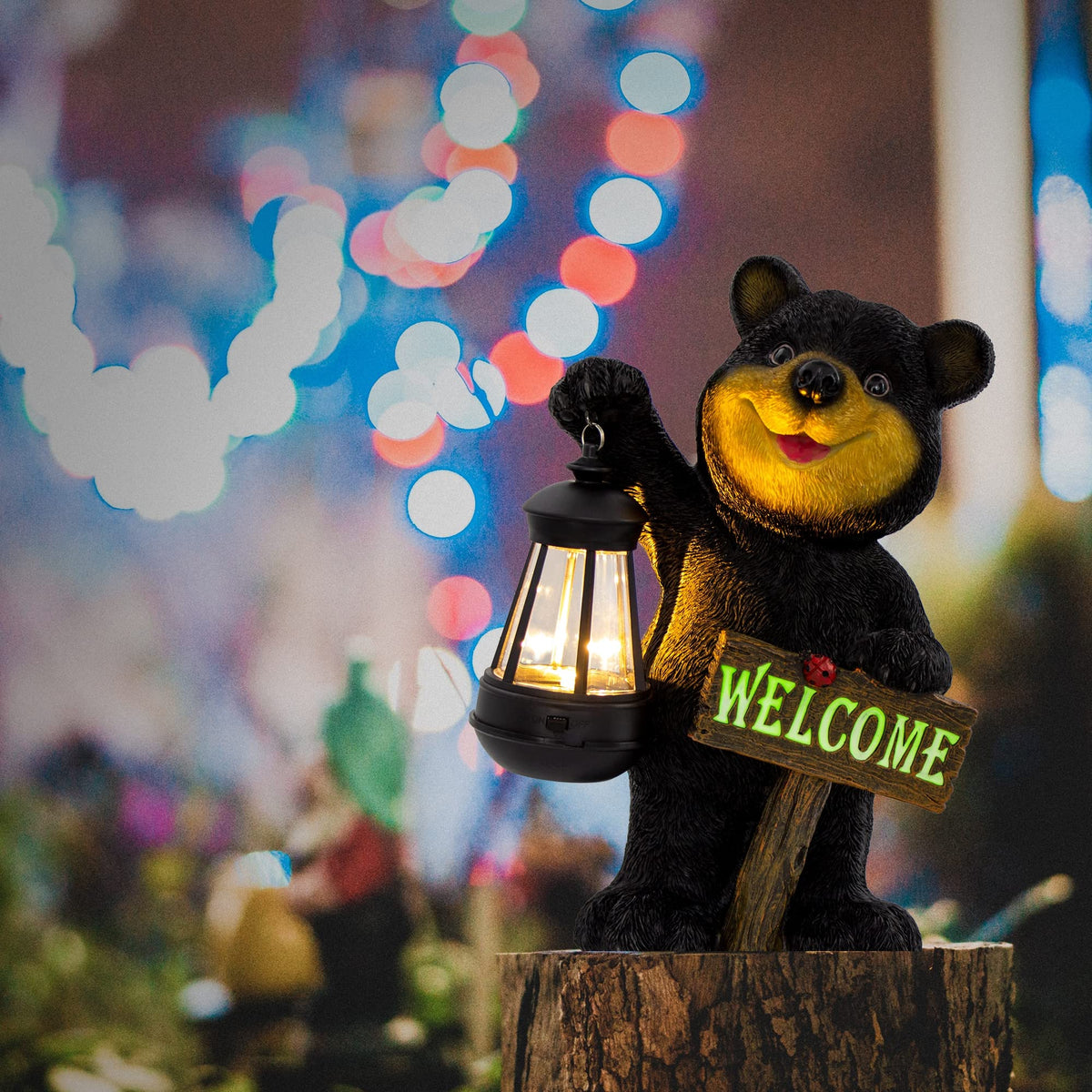Juegoal bear garden figurine with phosphorescent welcome letters glow