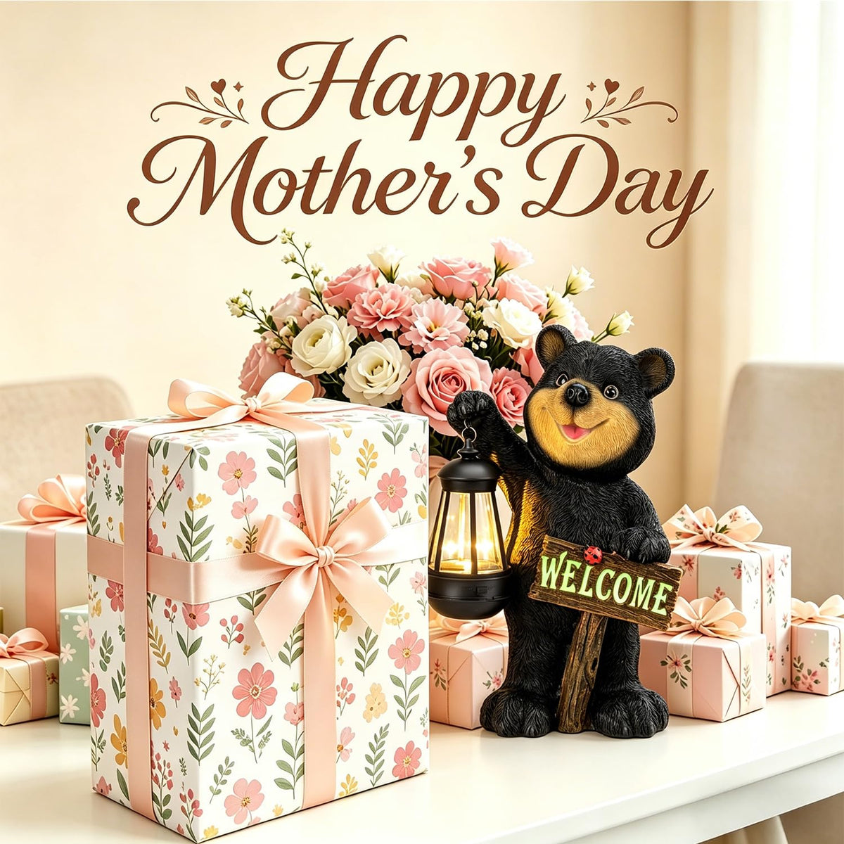 Juegoal bear with luminous welcome sign glows softly at night