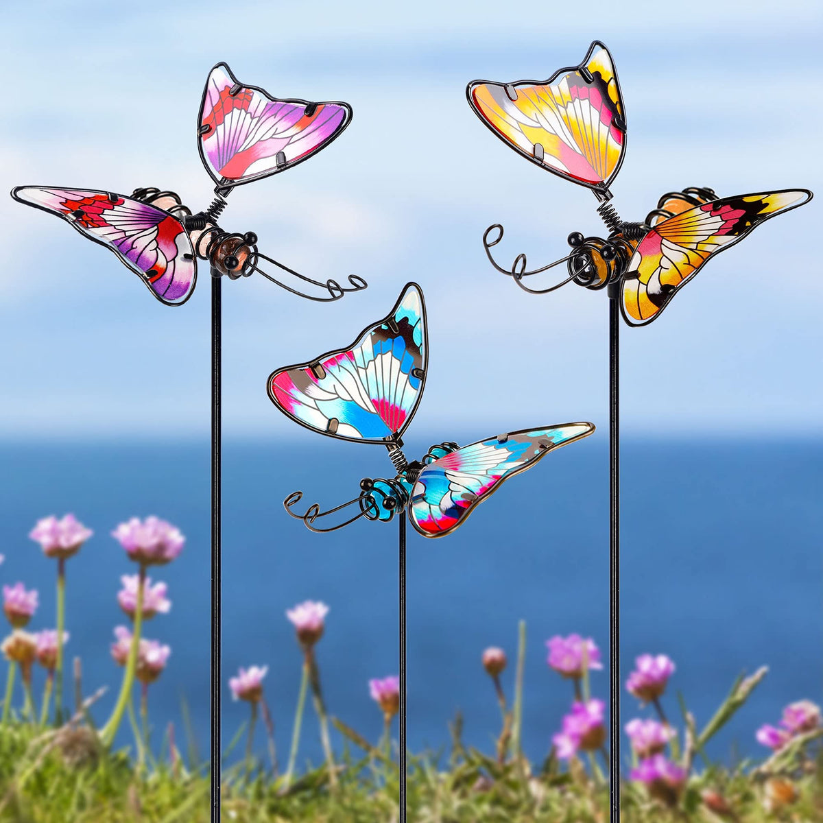 Juegoal butterfly stake 20-inch three-pack adds vibrant garden color.