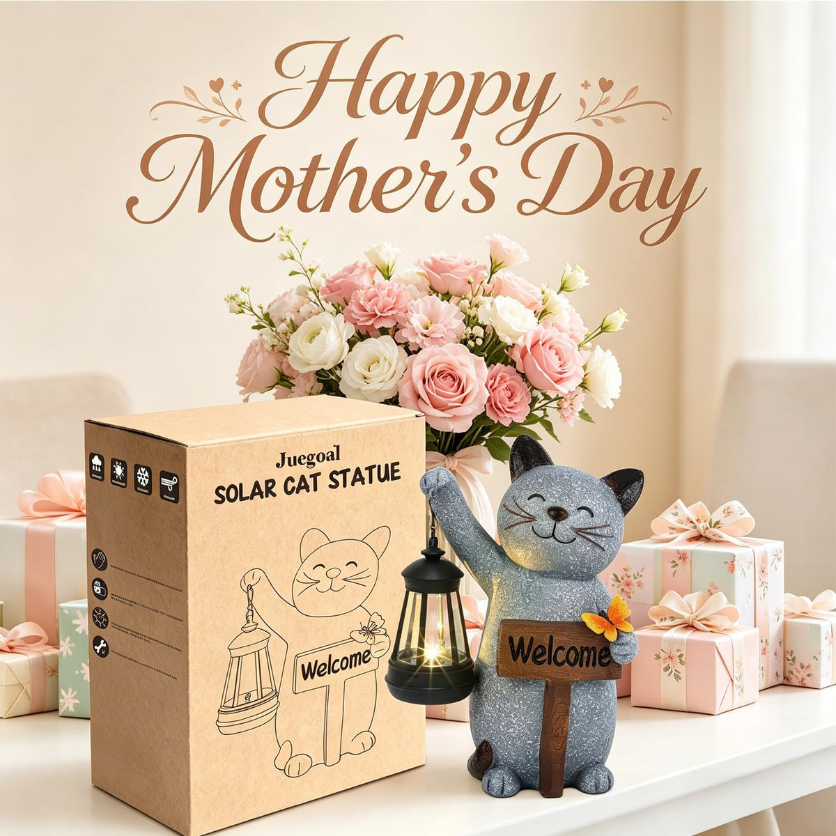 Juegoal cat figurine with welcome sign brightens entry