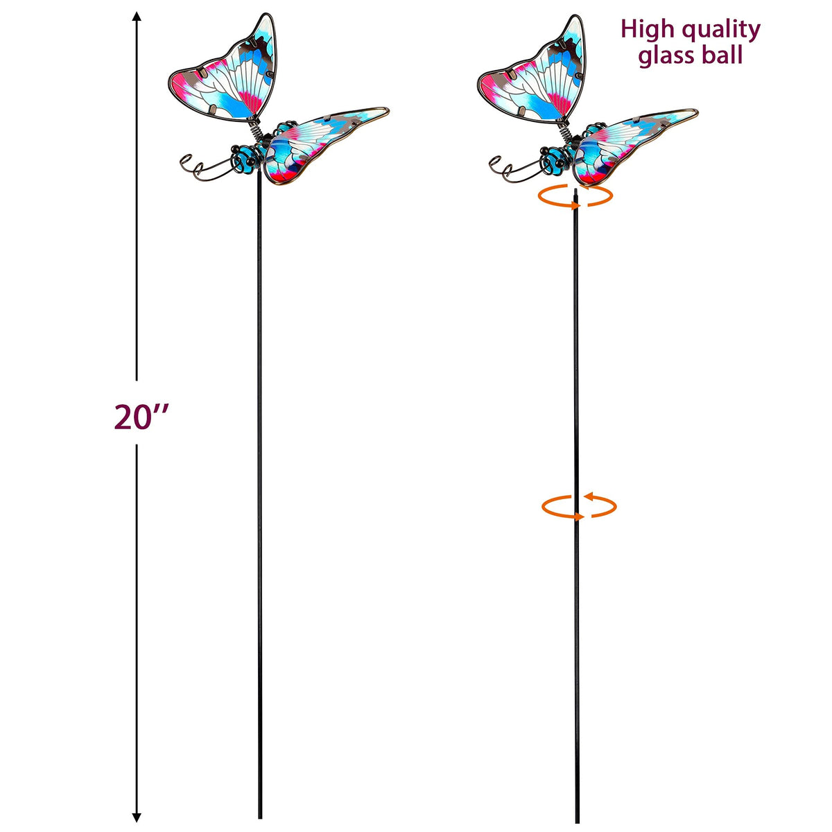 Juegoal colorful butterfly stake featuring glass and metal shine in sunlight.