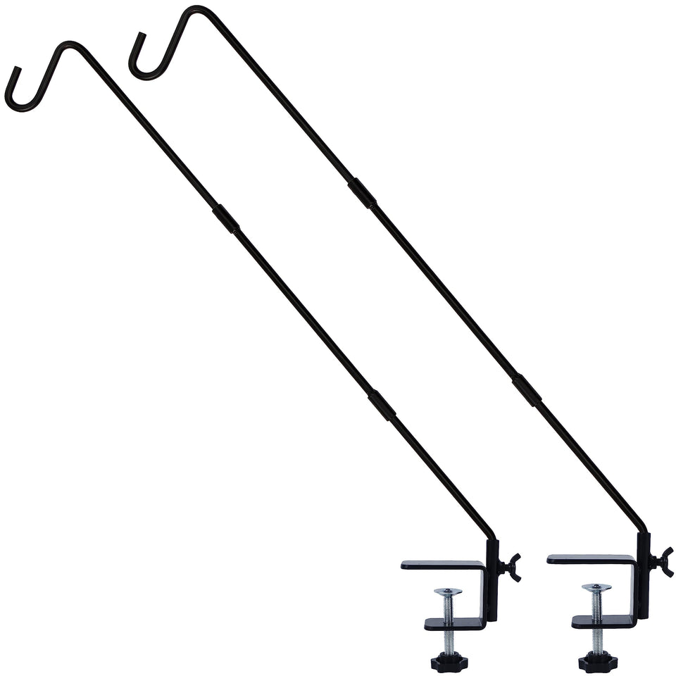 Juegoal deck hook with 25-inch rail clamp installed on railing for easy feeder setup.