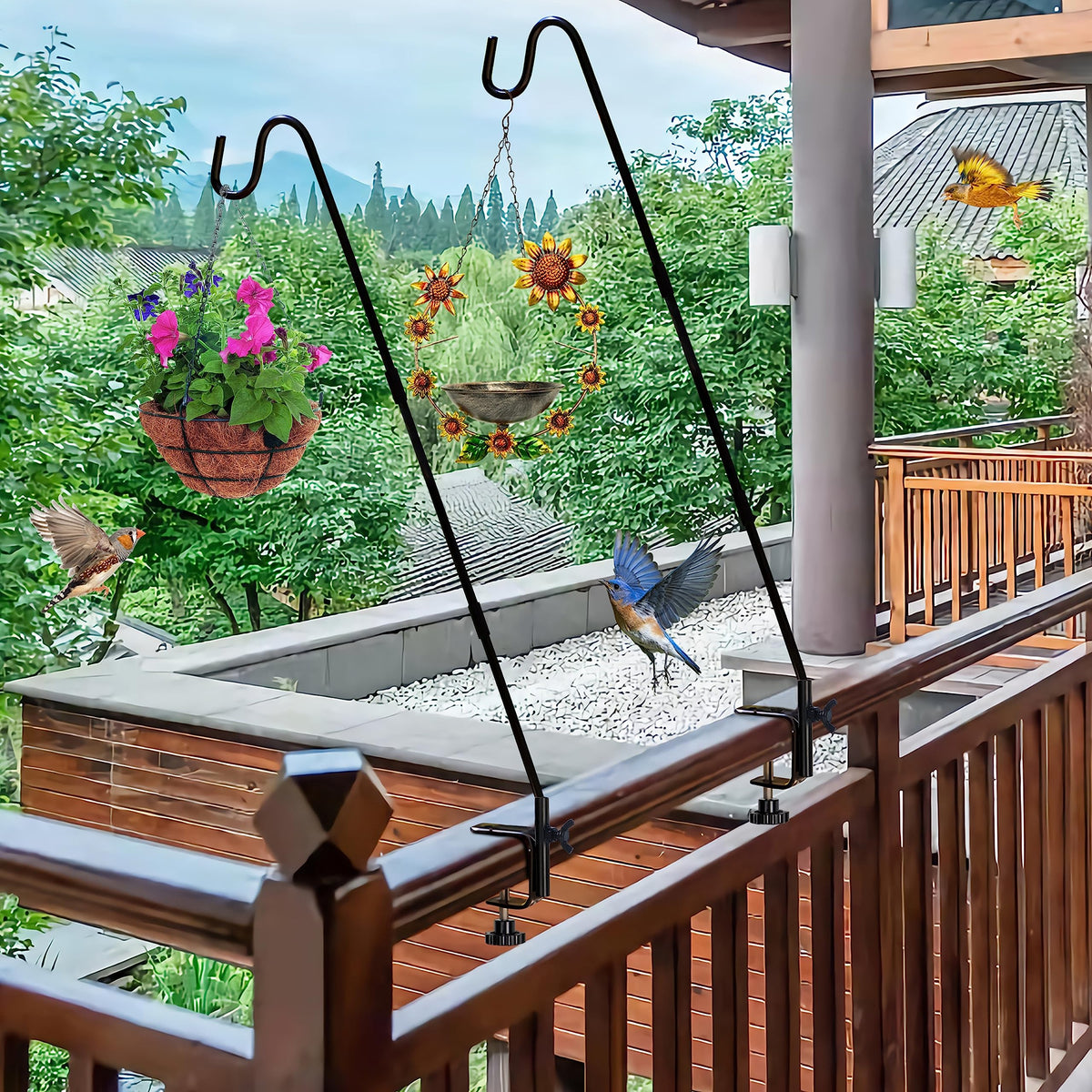 Lanterns swinging from Juegoal deck hook in a cozy outdoor space.
