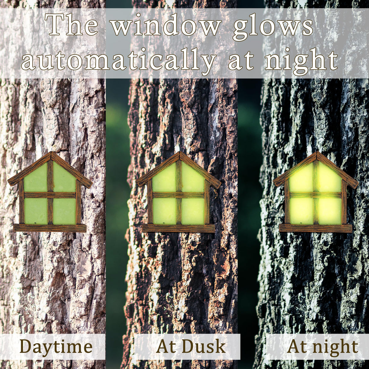 Juegoal glow-in-the-dark fairy windows illuminate nighttime garden scenes.