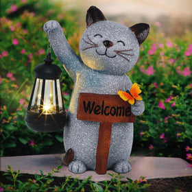 Juegoal solar cat statue with LED lantern lights the garden