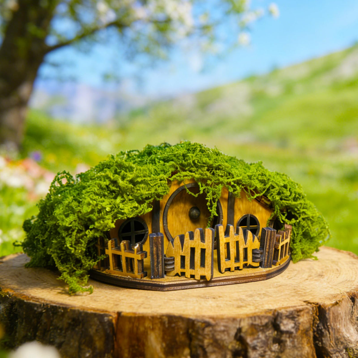 JULEASEL Mosswood mini treehouse roof close-up enhances indoor plant decor.