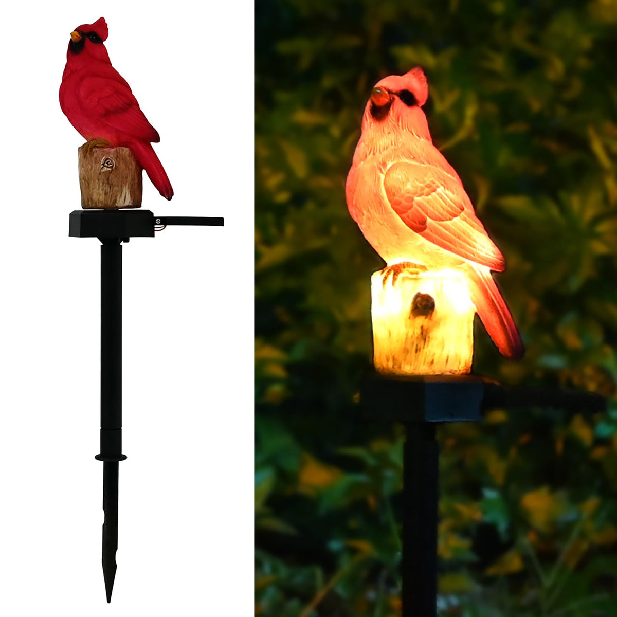 Juliahestia cardinal garden decor red bird figurine glows at night for outdoor ambiance.