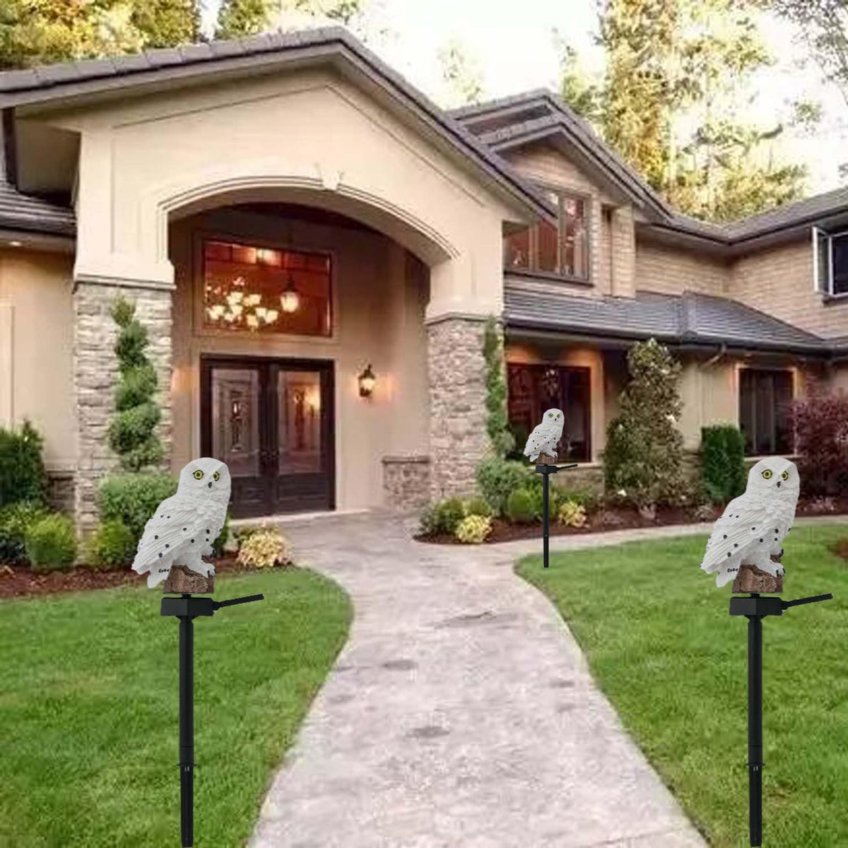 Juliahestia solar owl glow at dusk, lighting walkways