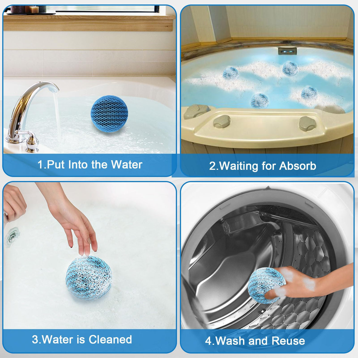 JULMELON spa cleaner balls in action, indoors and outdoors.