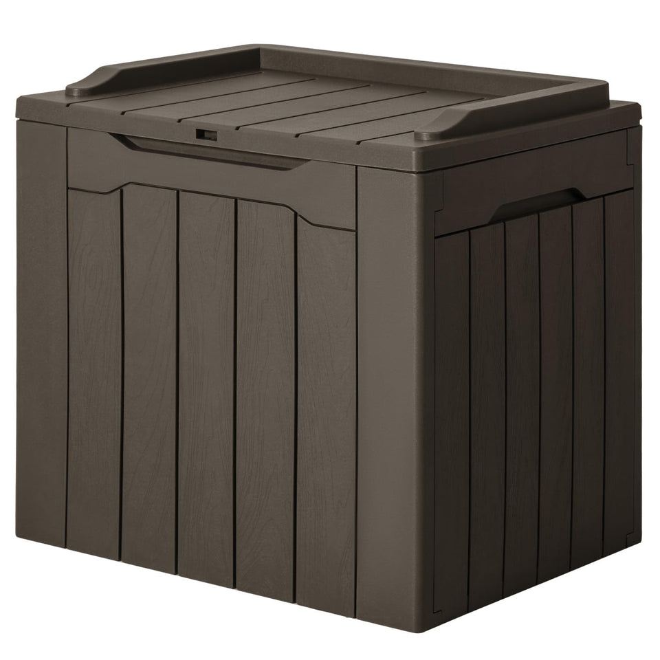 JUMMICO 31-Gallon brown deck box closed lid protects cushions outdoors