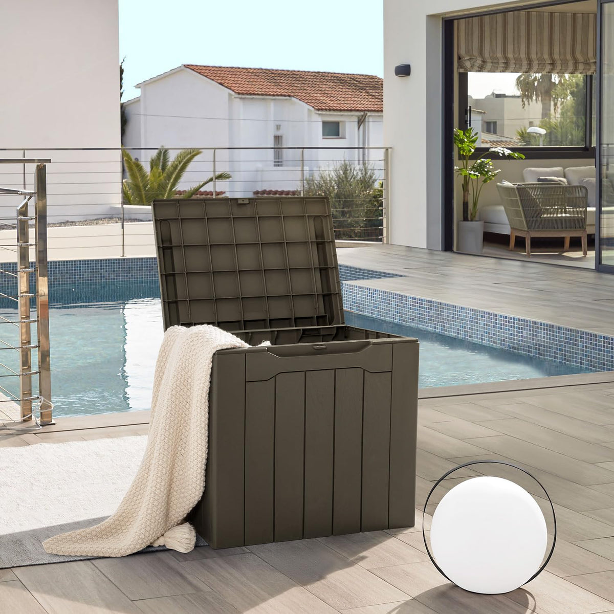 JUMMICO 31-Gallon brown deck box used as extra seating up to 220 lbs