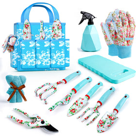 JUMPHIGH floral garden tools set in a blue tote for organized outdoor tasks.