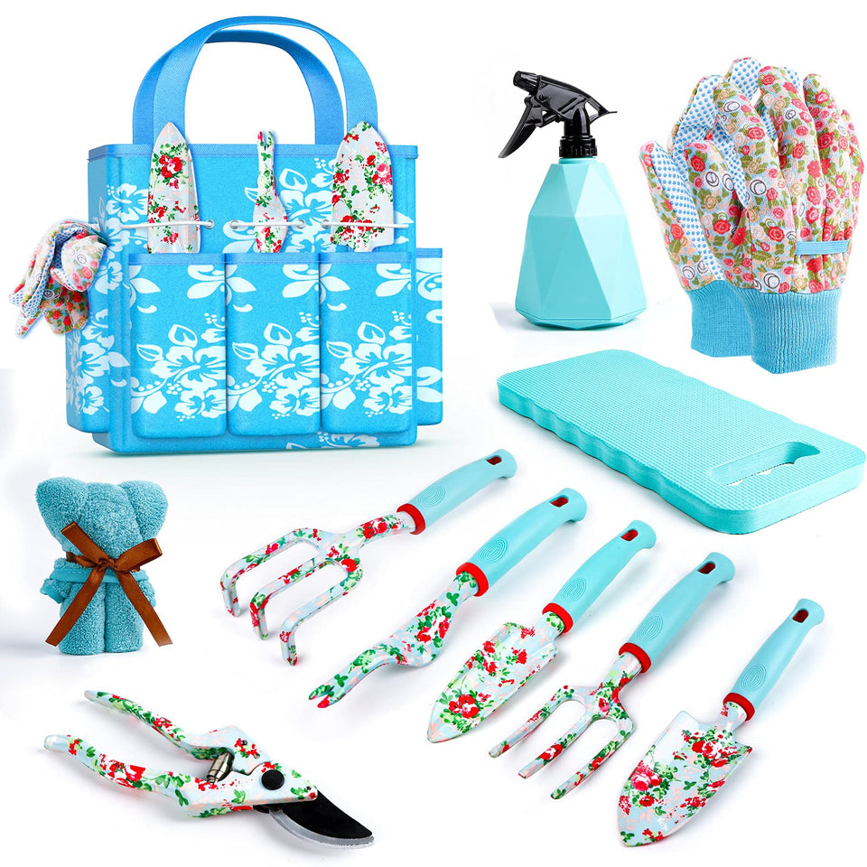 JUMPHIGH floral garden tools set in a blue tote for organized outdoor tasks.