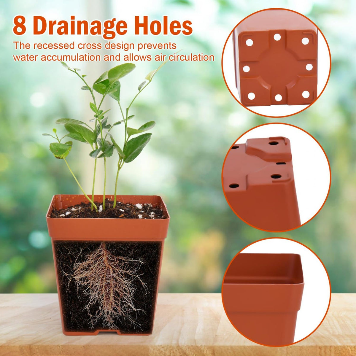 June Fox square pot demonstrates compact stacking for space-saving seedling trays.
