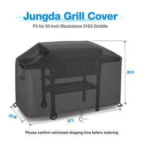 Jungda grill cover for Blackstone 30-inch, side view, durable protection against outdoor elements.